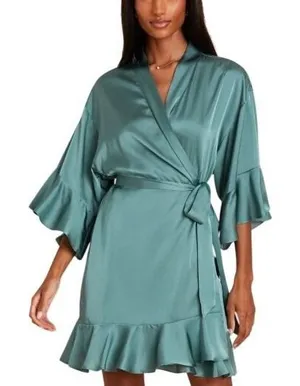 Birdy Grey M/L Teal Blue Satin Bell Sleeve Robe Bridal Bachelorette Morning GRWM thumbnail 1