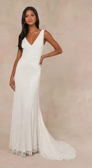 New Lulus Passionate White Beaded Sequin Mermaid Maxi Dress Size XL MSRP $318 thumbnail 1