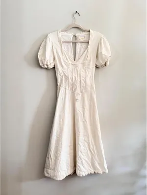 Maeve by Anthropologie Puff-Sleeve Corset Linen Midi Dress thumbnail 3