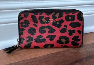 Coach Double Zip Wallet In Red Leopard Print Coated Canvas thumbnail 1