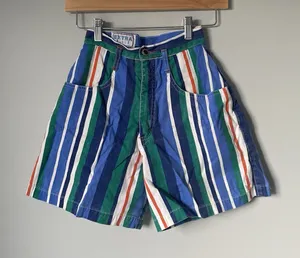 Extra Blues Vtg. 1990's High Rise Shorts Blue Green Stripes 100% Cotton Size 5 thumbnail 1