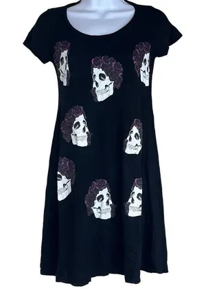Lauren Moshi XS Skull Roses Tunic Top Black Day of The Dead Halloween‎ Oversized thumbnail 1