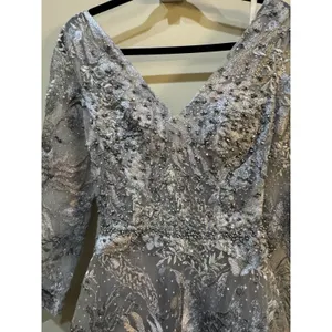 MAC DUGGAL 20214 LONG SLEEVE BEADED APPLIQUE GREY MULTI GOWN Size 6 Dress thumbnail 6