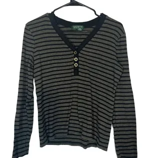 Lauren Ralph Lauren Gray & Black Striped Long Sleeve Henley Blouse Women Sz M thumbnail 1