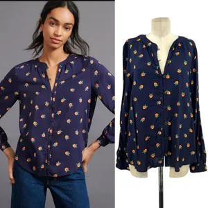 Anthropologie Kendra Dandy Dreamer Buttondown Top Blouse Pineapple Navy Blue‎ 12 thumbnail 2
