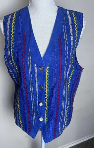 Vintage Starfire Vest Womens Medium Denim Embroidered Ribbon Stripe Southwestern thumbnail 1