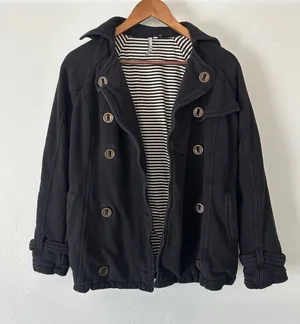Michael Stars Black Double-Breasted Peacoat with Striped Lining thumbnail 1
