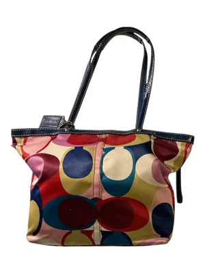 Authentic Vintage Coach Y2K Scarf Print Satin Tote | Navy Patent Leather Trim F15183 thumbnail 1