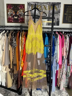For Love Lemons Antigua Maxi Dress Chartreuse Lace Mesh Sheer Overlay Womens XS thumbnail 9