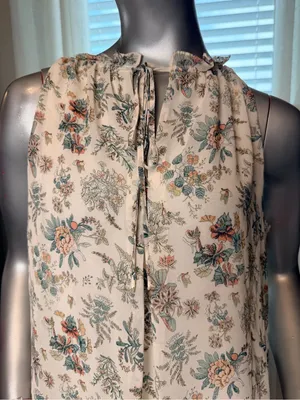 Max Studio Floral Sleeveless Blouse Large Boho Tie Neck Cream Ivory Cottagecore thumbnail 3