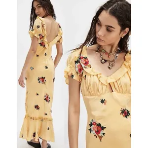 Free People Bali Santa Cruz Ruffle Maxi Dress S Yellow Floral Puff Sleeve Boho thumbnail 3