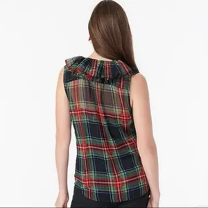 J. Crew Tartan Plaid Red Green Metallic Sheer Ruffle Button Tank‎ Blouse NWT S thumbnail 3