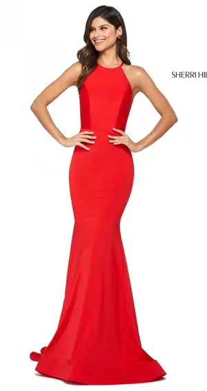 Sherri Hill 53663 Red Halter Jersey Open Back Ruched Gown Dress Size 6 thumbnail 1