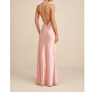 NEW Lulus Magnificence Blush Pink Glossy Satin Backless Halter Maxi Dress Large thumbnail 4