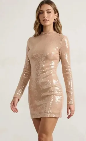 Lulus Sequin Long Sleeve Mini Dress Champagne Party Glam Christmas Extra Small thumbnail 1