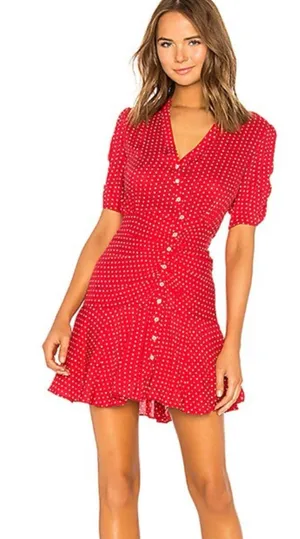 Free People Pippa Red Polka Dot Ruched Button Front Mini Dress Size M‎ thumbnail 1