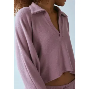 Urban Outfitters Out From Under Cosima Collared Top & Kick Flare Pant SET Mauve thumbnail 3