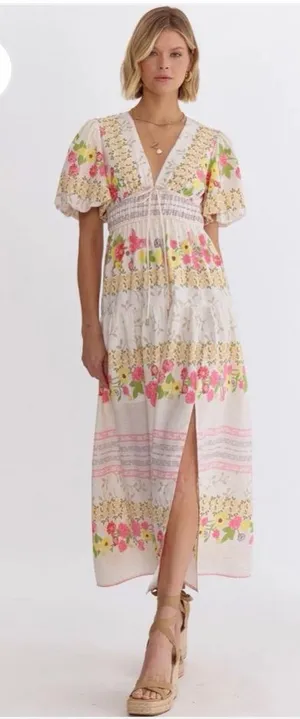 New Without Tags Entro Floral V-Neck Puff Sleeve Maxi Dress Sz S thumbnail 1