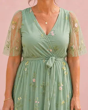 Sage Green floral embroidered special occassion dress thumbnail 2