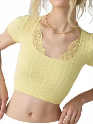 UO Out From Under Thalia Seamless Knit Lace Trim Crop Tee Urban Outfitters S/M thumbnail 1