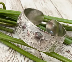 Unsigned Silver-tone Ornate Lotus Flower Peacock 1.25” Open Cuff Bangle Bracelet thumbnail 1