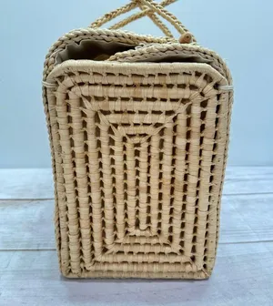 Medium Straw Bag with Wood Button Closure and Two Straps thumbnail 3