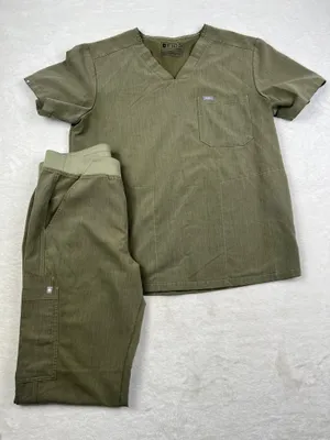 FIGS Heathered Olive Scrub Set Chisec Top Axiam Pants L/M PO1449 thumbnail 1