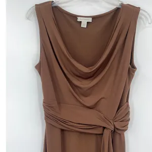 Boston Proper Cowl Neck Dress Sz 8 Brown Quiet Luxury Y2K Stretchy Tie Front thumbnail 3