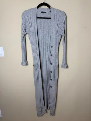 ATM Cotton Cashmere Duster Longline Cardigan Sweater Grey Ribbed Size XS thumbnail 3