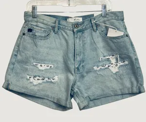 145‎ | NWT Kancan High Rise Distressed Paisley Denim Shorts Light Wash Womens XL thumbnail 1