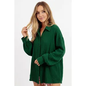 BiBi Oversized Wrinkled Gauze Button Up Shirt Top - Sacramento Green - Small thumbnail 2