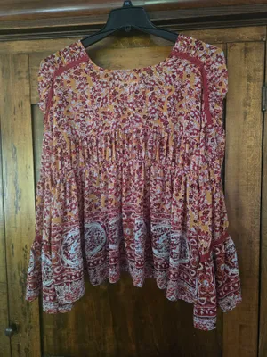Free People Lorienne Rust and Pink Floral Border Peasant Blouse Boho Small thumbnail 7