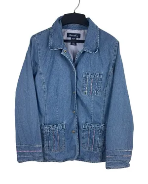 VTG Y2K Denim & Co M Blue Denim Jean Jacket Embroidered Pockets Snap Up Front thumbnail 1