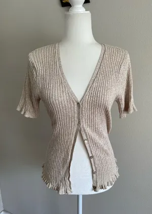 Ribbed Short-Sleeve V-Neck Sweater Cardigan - Cream thumbnail 1