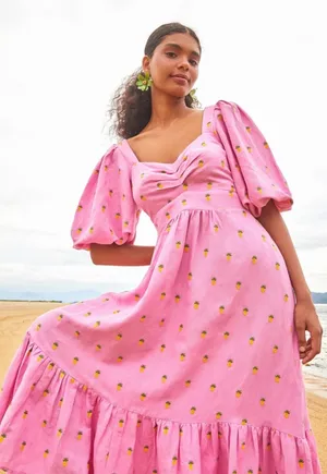 Farm Rio Pink Linen Embroidered Pineapples Tiered Midi Dress SMALL thumbnail 1