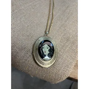 Vintage Art Deco Gold-Tone Oval Locket Necklace With Painted Lady Portrait thumbnail 11