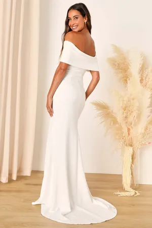 NWT Lulus Exceptional Romance White Off-the-Shoulder Mermaid Maxi Dress Bride L thumbnail 2