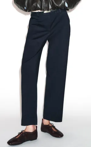 ZARA Navy Straight Leg Trouser Pant Pintuck Large Careerwear Business Casual thumbnail 1
