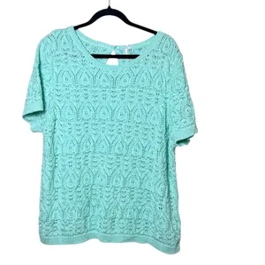 Anthropologie Mint Green‎ Pointelle Eyelet Knit Short Sleeve Keyhole Top 2X thumbnail 2