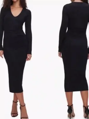 NWOT Good American V-Neck Bodycon Midi Black Dress 0 (US 0-2) SUPERGLUE FLAW thumbnail 2