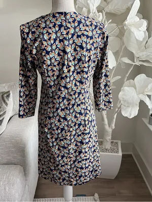 J. McLaughlin Sophia Shift Dress In Navy And Orange Peacock Long Sleeve Dress M thumbnail 3
