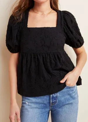 Maeve Anthropologie Batia Textured Babydoll Blouse Black Puff Sleeve‎ XS thumbnail 1