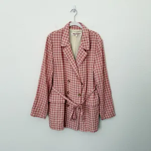 [Free People] Pink Olivia Gingham Plaid Oversized Double Breasted Blazer Large L thumbnail 3