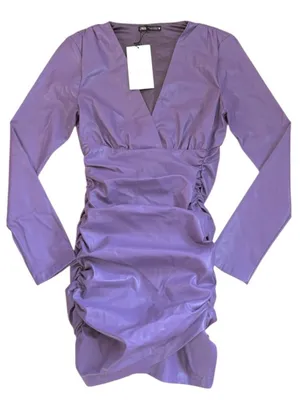 NWT Zara Faux Leather Ruched V Neck Dress Purple Size Small thumbnail 1