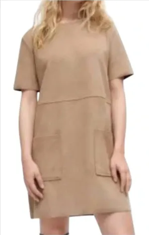 Zara Women's Size Large Short Sleeve Shift Dress Tan Brown Sweatshirt Crewneck thumbnail 1
