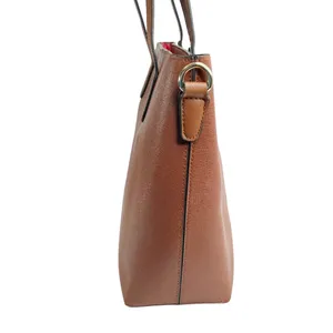 Faux Leather Brown Double Handle Red Lined Tote Bag Purse thumbnail 8