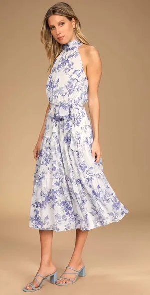 NWT Lulus Float to You White Floral Print Halter Tiered Midi Dress Cruise Size M thumbnail 1