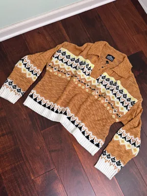 Angie NWT Collared Fair Isle Cropped Knit Sweater Mustard Brown Boho Medium thumbnail 7