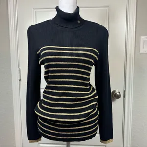 Lauren Ralph Lauren Y2K Gold Metallic Striped Classic Long Sleeve Sweater Large thumbnail 2