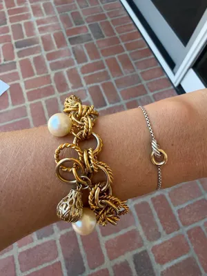 vintage gold-tone chain-link charm bracelet featuring chunky twisted links, faux pearls, ornate metal charms & front toggle clasp #statement thumbnail 2